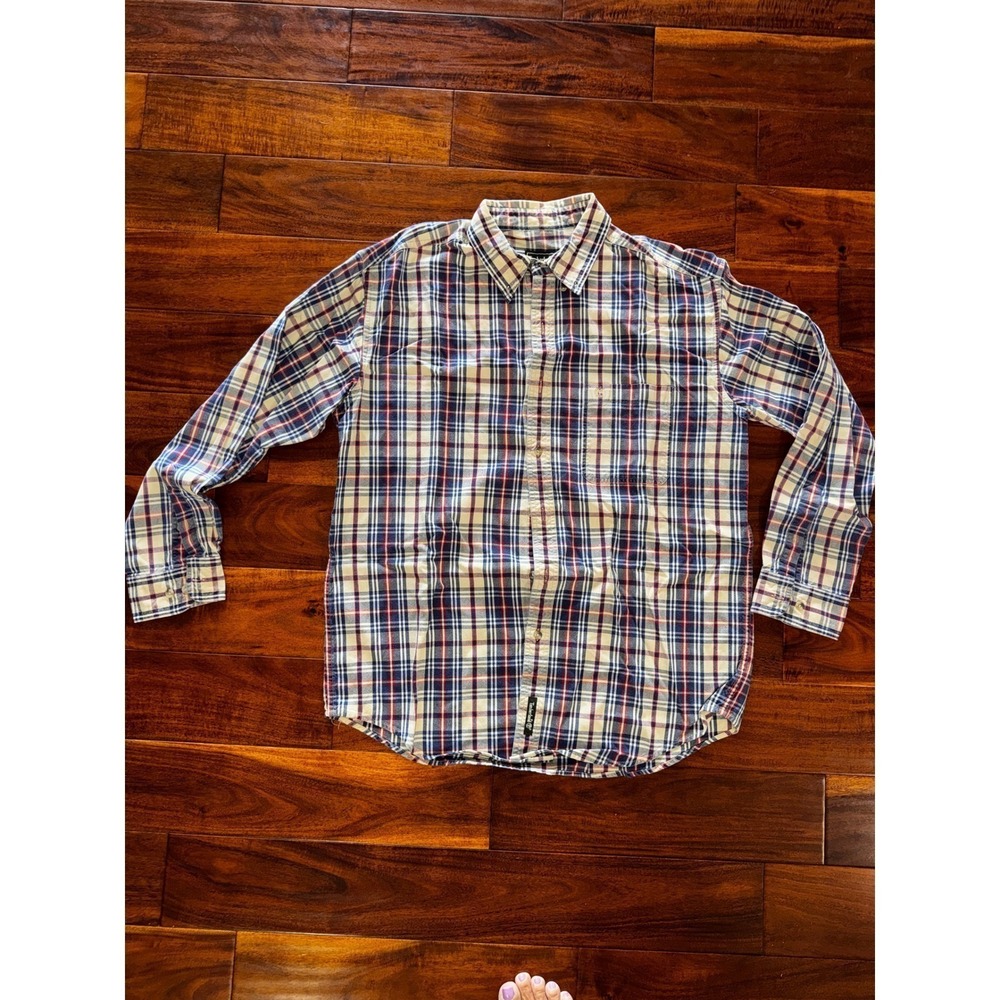 Timberland Mens Plaid Button Down Shirt Navy Blue Red Cream Cotton Large